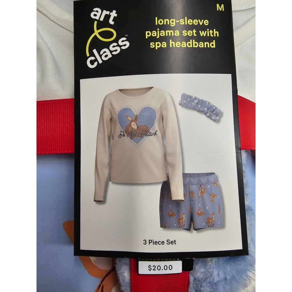 Art Class Girls Pajama Set 3pc Long Sleeve Shorts Spa Headband Deer Blue Cream M